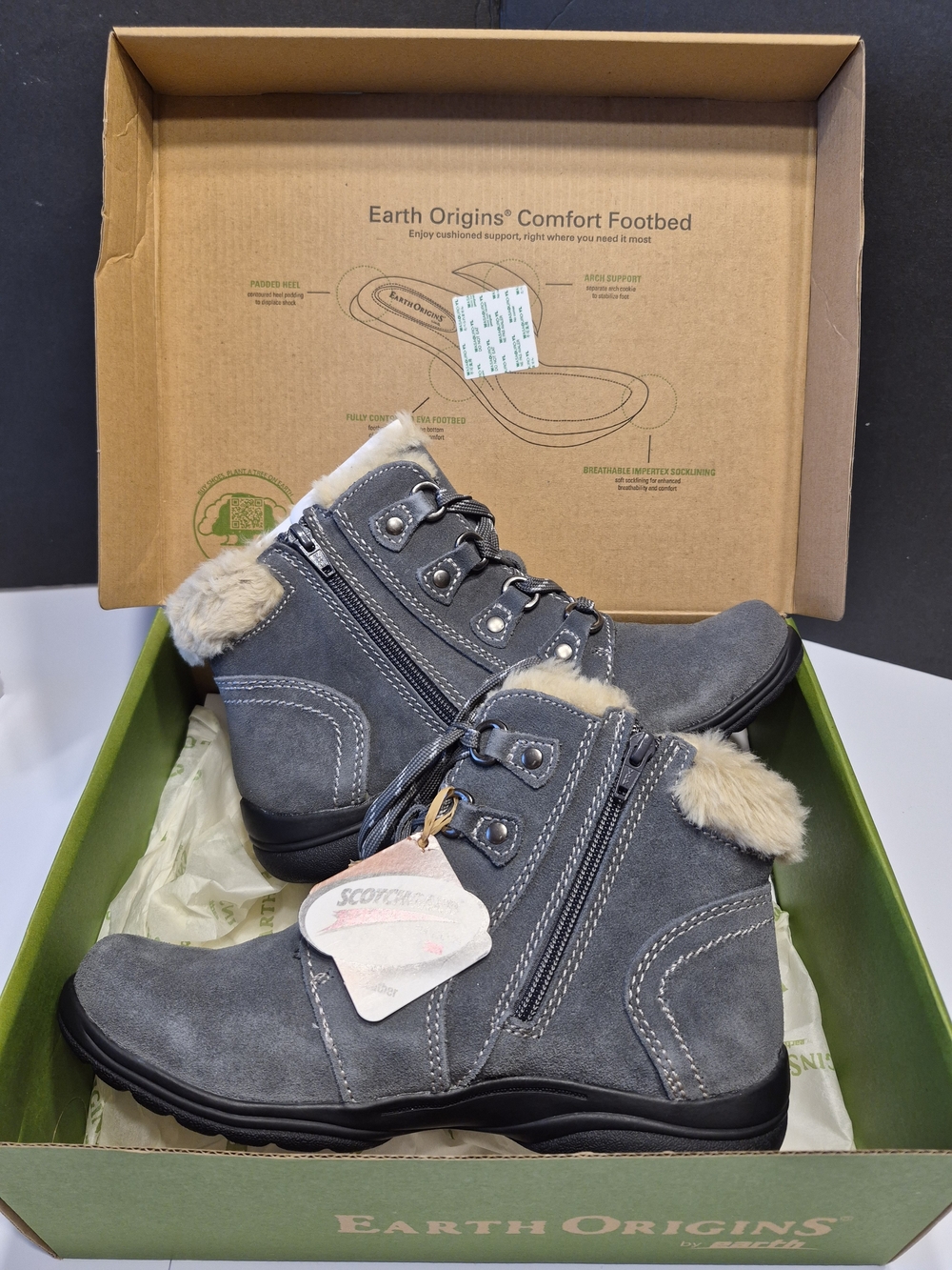 Earth Origins Women's Iron Grey Suede Faux-Fur Ankle Boots 7.5W